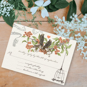 Korallen Apfel Aqua Vintage Vögel Hochzeitseinladu Einladung