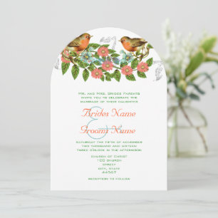 Korallen-Apfel-Aqua-Vintage-Vögel-Hochzeitseinladu Einladung