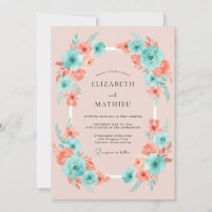 Korallen-Aqua-Blumen-Whimsy-Hochzeit Einladung