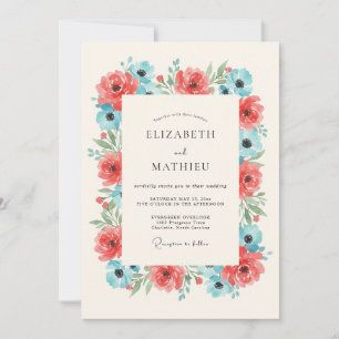Korallen-Aqua-Botanische-Romantik-Hochzeit Einladung