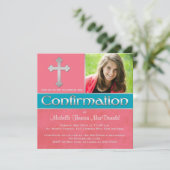 Korallen, Aqua, Silver Confirmation Foto Einladung (Stehend Vorderseite)