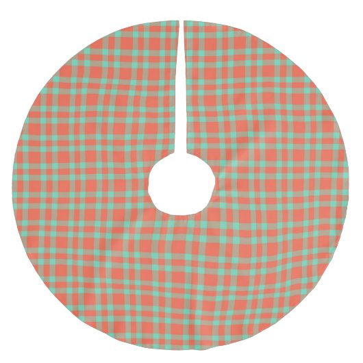 Korallen-Aquamarin-Karomuster Polyester Weihnachtsbaumdecke (Vorderseite)