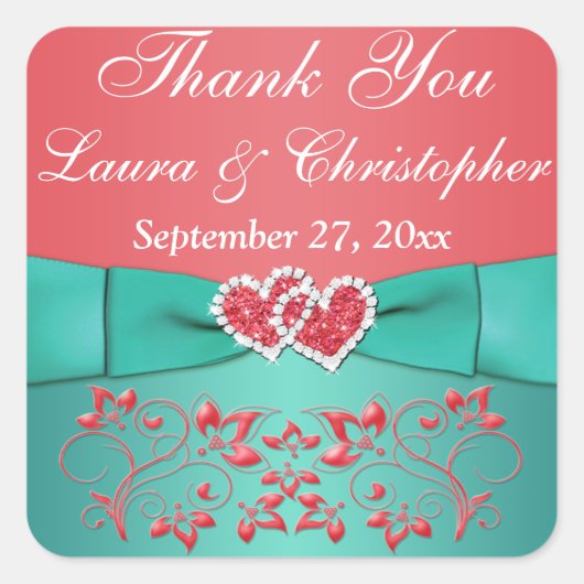 Korallen, Aquamarine Blüten, Herz 1,5" q. Gastgesc Quadratischer Aufkleber (Vorderseite)