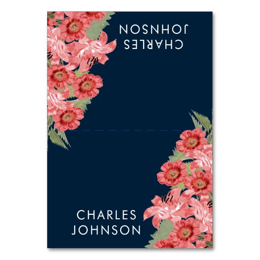 Korallen-Blume auf Navy Blue Wedding | PLATZKARTEN Tischnummer (Vorderseite)