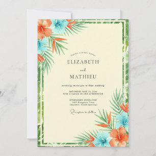 Korallen-Cyan-Tropische-Eukalyptus-Hochzeit Einladung