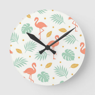Korallen-Flamingo-Tropen-Blattmuster Runde Wanduhr