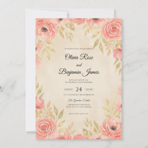 Korallen-Gold-Aquarell-Hochzeit Einladung
