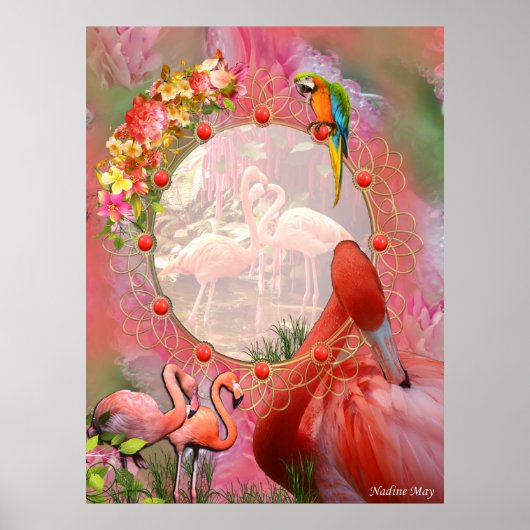 Korallen, Gras, Peony-pink Blooms & Flamingos Poster (Vorne)