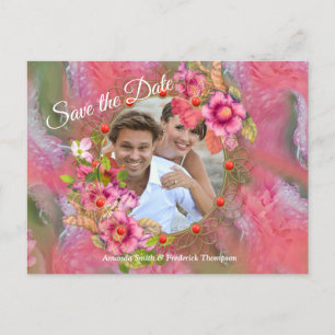 Korallen, Gras und Peony-rosa Blüten Ankündigungspostkarte