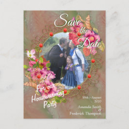 Korallen, Gras und Peony-rosa Blüten Ankündigungspostkarte