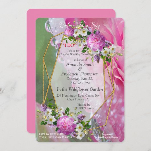 Korallen, Gras und Peony-rosa Blüten Einladung (Vorne/Hinten)