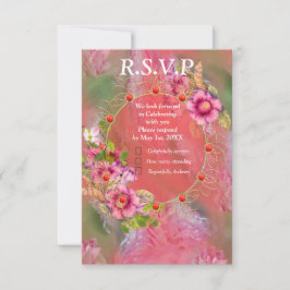 Korallen, Gras und Peony-rosa Blüten RSVP Karte