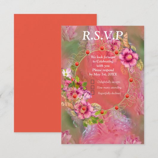 Korallen, Gras und Peony-rosa Blüten RSVP Karte (Vorne/Hinten)