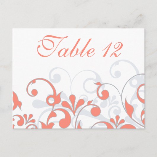 Korallen-, Grau- und White Wedding Table Cards Postkarte (Vorderseite)