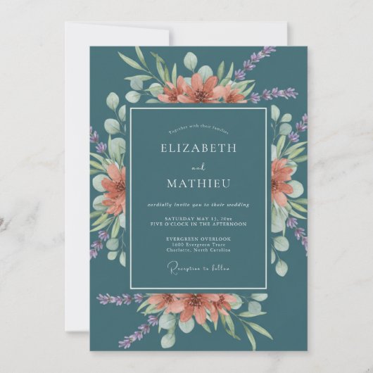 Korallen Grün Botanische Romantische Hochzeit Einladung (Vorderseite)