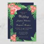Korallen-, Grün- und Navy-Blue-Wasserfarbenblütenh Einladung (Vorne/Hinten)