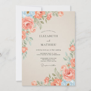 Korallen-Himmel-Ranunculus-Eukalyptus-Hochzeit Einladung