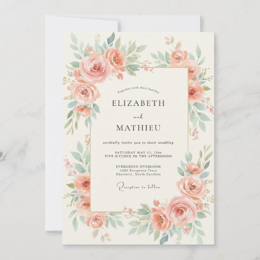 Korallen-Mint-Rosen-Hochzeit Einladung (Vorderseite)