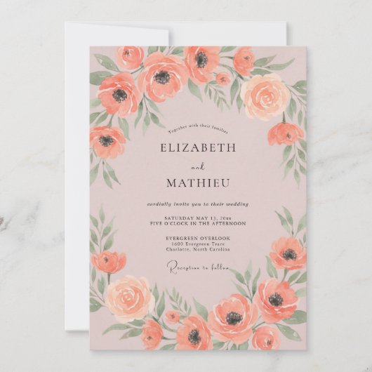 Korallen-Mohn-Blumenhochzeit Einladung (Vorderseite)