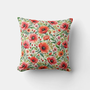 Korallen-Mohn in botanischer Aquarellmalerei Kissen