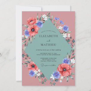 Korallen-Mohn-Kornblumen-Hochzeit Einladung