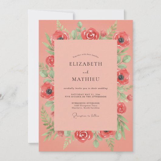 Korallen-Mohn-Laub-Hochzeit Einladung (Vorderseite)
