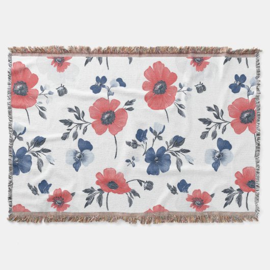 Korallen-Mohn Navy-Blau Floral Botanisch Decke (Vorderseite)