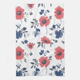 Korallen-Mohn Navy Blau Floral Botanisch Geschirrtuch