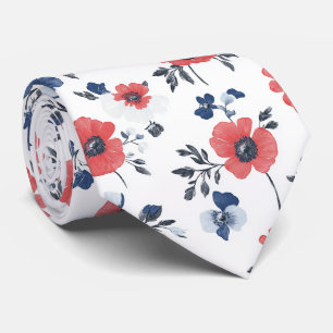 Korallen-Mohn Navy Blau Floral Botanisch Krawatte