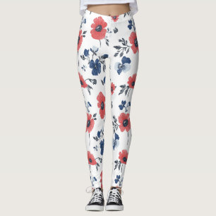 Korallen-Mohn Navy Blau Floral Botanisch Leggings