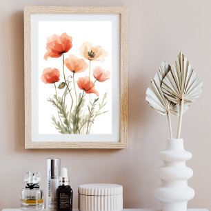 Korallen-Mohn-Wasserfarben-Blumen-Wandkunst Poster
