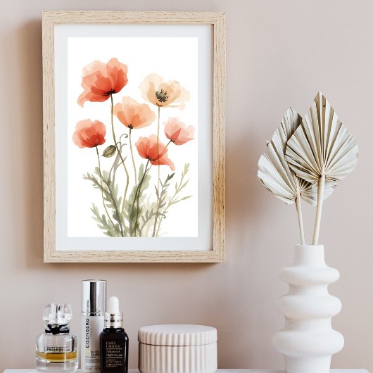Korallen-Mohn-Wasserfarben-Blumen-Wandkunst Poster