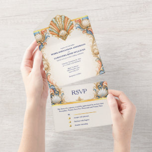 Korallen-Muschel-Hochzeitskarte Küstenluxus All In One Einladung