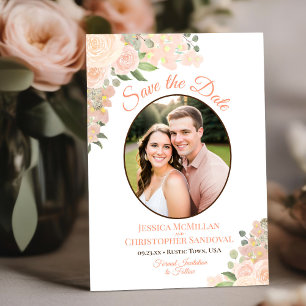 Korallen-Pfirsich-Aquarell-Blumen-Oval-Foto-Hochze Save The Date