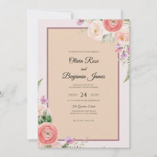 Korallen-Pfirsich-Aquarell-Blüten-Hochzeit Einladung