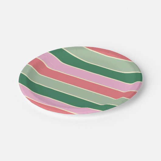 Korallen, Rosa und grüne Streifen Pappteller (Schrägansicht)