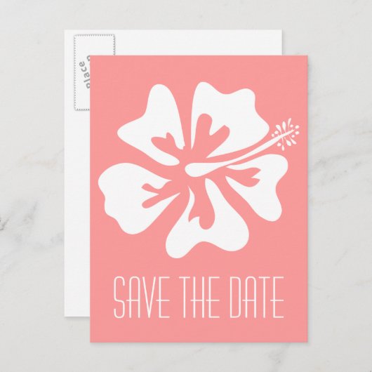 Korallen Save the Date Postkarten mit Hibiskus Blu (Vorne/Hinten)