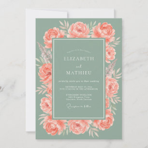 Korallen-Schiefer-Blüten-Hochzeit Einladung