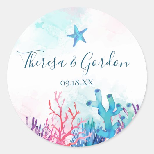 Korallen-Starfish, Strandaufkleber für Hochzeiten Runder Aufkleber (Vorderseite)