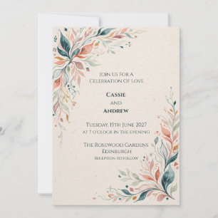 Korallen-Türkis-Botanische-Hochzeitseinladung Einladung