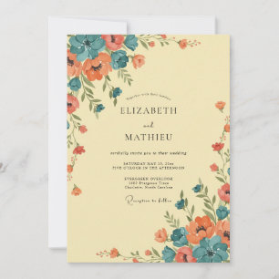 Korallen-Türkis-Wildblumen-Hochzeit Einladung