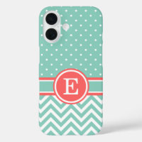 Korallen und Aqua Preppy Zickzack Dots Monogramm