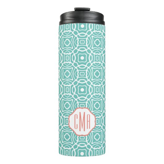 Korallen und Aqua Quatrefolie Custom Monogram Thermosbecher (Vorderseite)