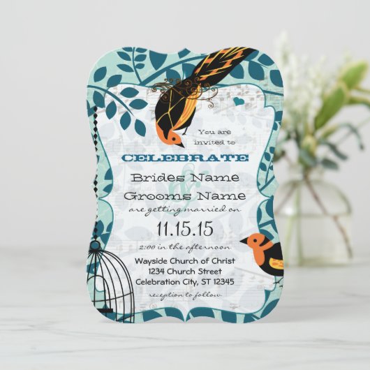 Korallen und Aquamarin Art Deco Inspiriert Vögel Einladung (Stehend Vorderseite)