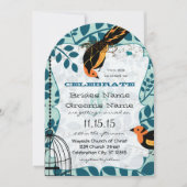 Korallen und Aquamarin Art Deco Inspiriert Vögel Einladung (Vorderseite)