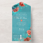 Korallen- und Aquamarine Blumenhochzeit All In One Einladung (Innen Boden)