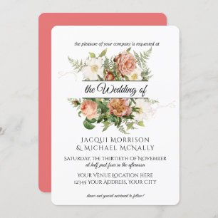 Korallen- und Blusenpeony, Rose und Hochzeit des F Einladung
