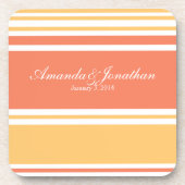 Korallen und Gelb Moderne Streifen Hochzeit Getränkeuntersetzer (Vorderseite)