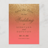 Korallen- und Gold-Glitzer - Save the Date Ankündigungspostkarte (Vorderseite)