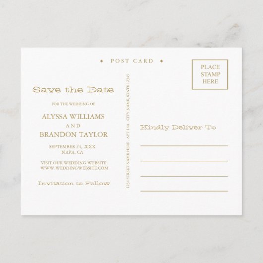 Korallen- und Goldzirkel Save the Date Postkarte (Rückseite)